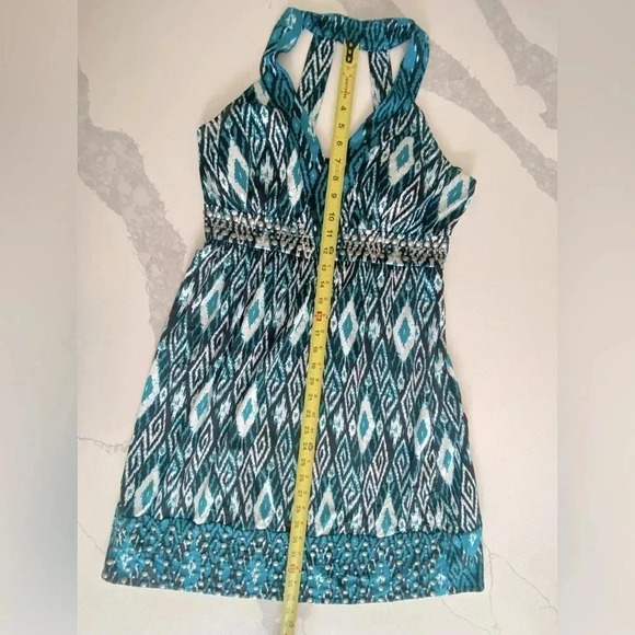INC Women’s V-Neck Halter Mini Dress Studded Black, Blue, White Aztec Medium EUC - Picture 4 of 9